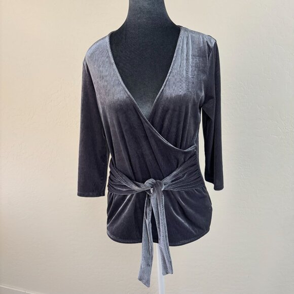 Express One-Eleven Velvet Knit Faux Wrap Top - Silver - Size L - Picture 1 of 9